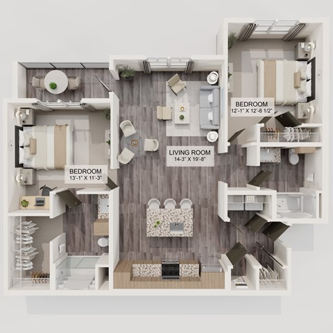 Floor plan for 2 beds, 2 baths, 1193 sqft